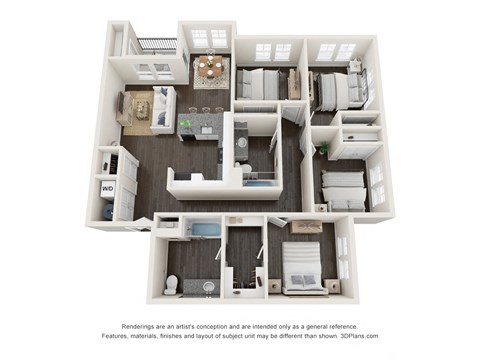 Floor plan for 4 beds, 2 baths, 1378 sqft